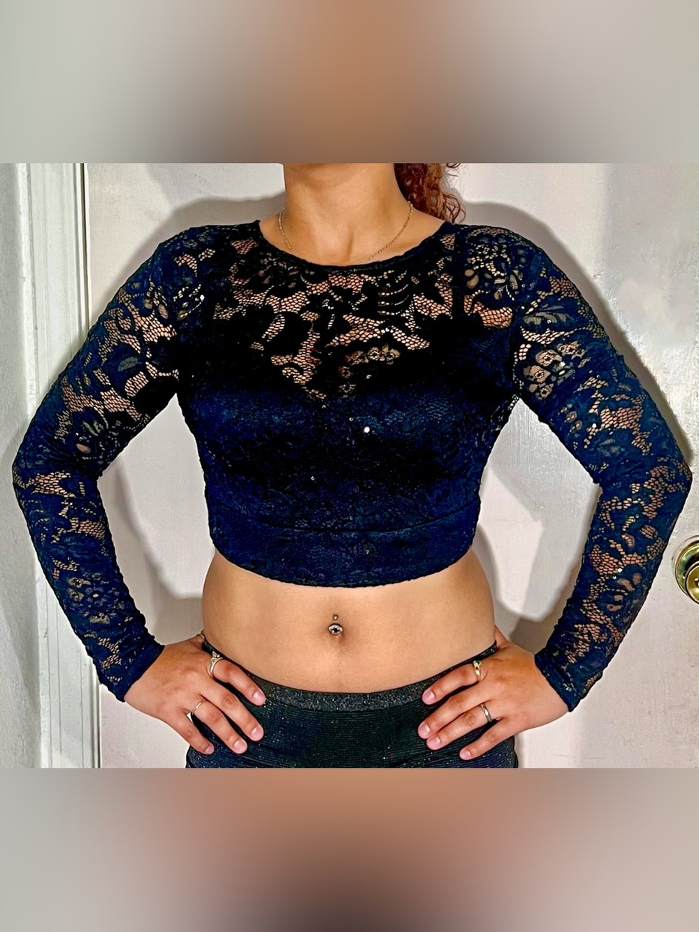 Black Sequin Lace Long Sleeve Crop Top Open Back XS